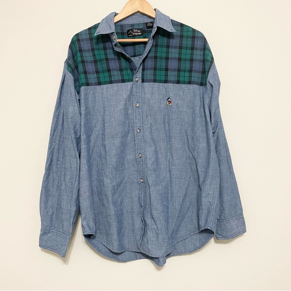 VINTAGE DISNEY Originals Embroidered Mickey Patchwork Plaid Chambray Shirt Large